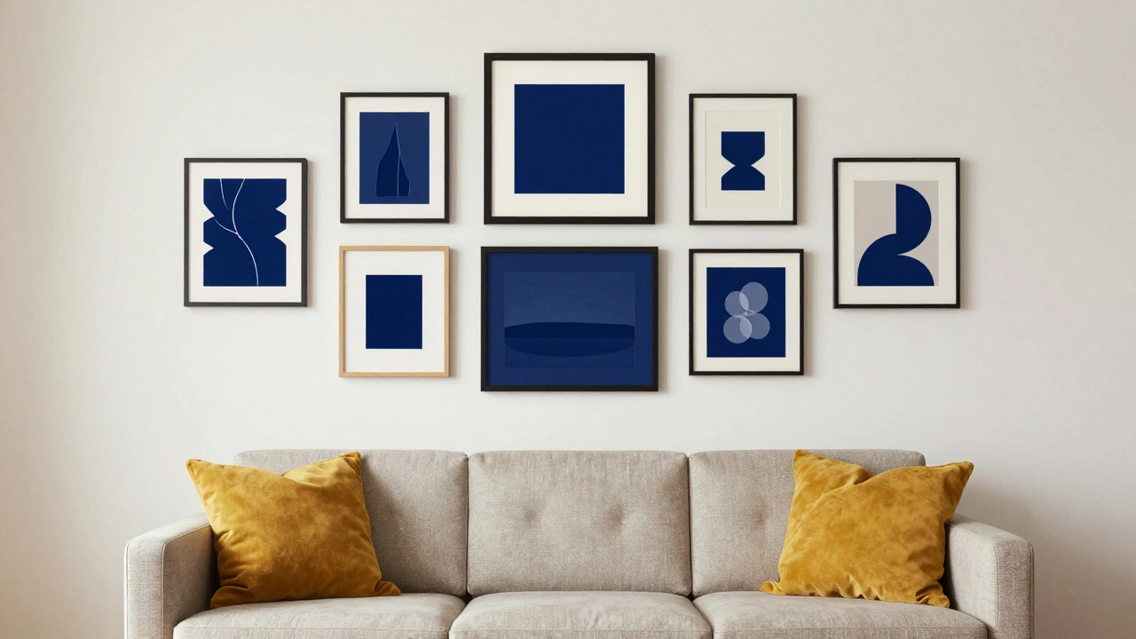 A gallery wall of multiple frames collectively spanning two-thirds of a modern sofa's width.