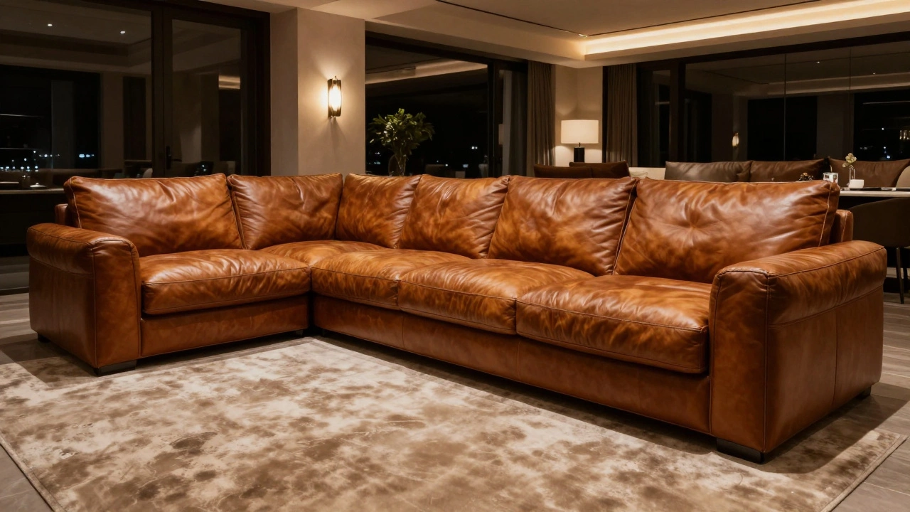 A luxurious large cognac leather sectional sofa in a sophisticated living room.