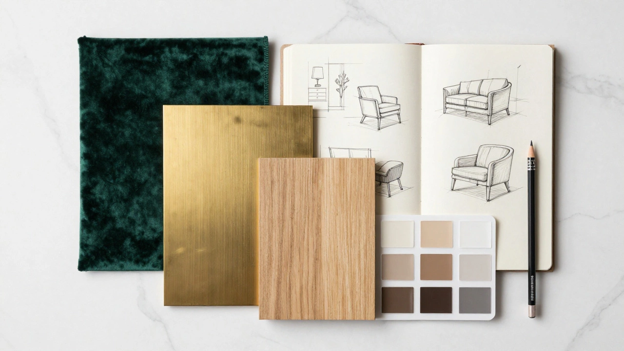A luxury mood board with emerald velvet, gold accents, and paint swatches on a marble surface.