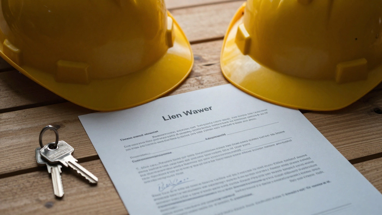 A signed lien waiver document on a construction table next to a hard hat.