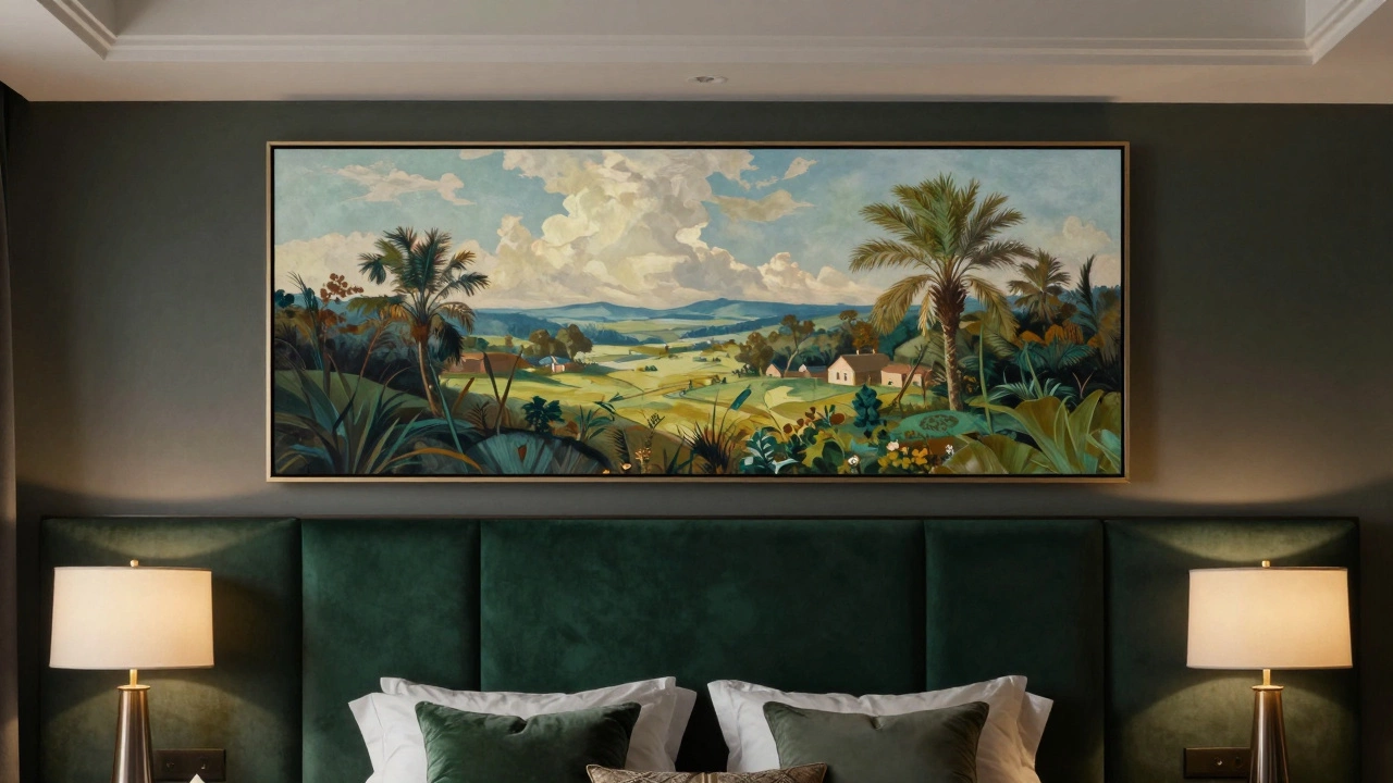 A wide landscape painting proportionally scaled to two-thirds the width of a bed headboard.
