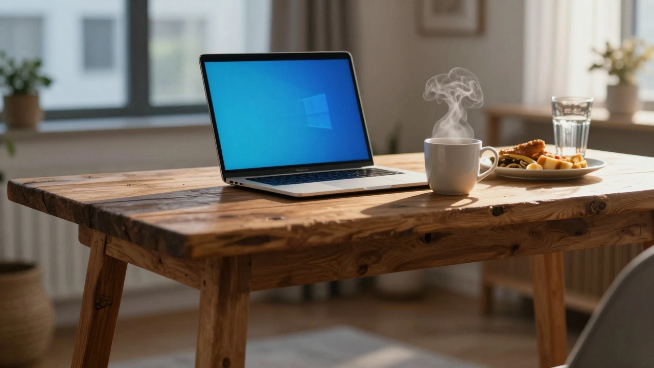 A wooden table split between a professional laptop workspace and a casual home meal.