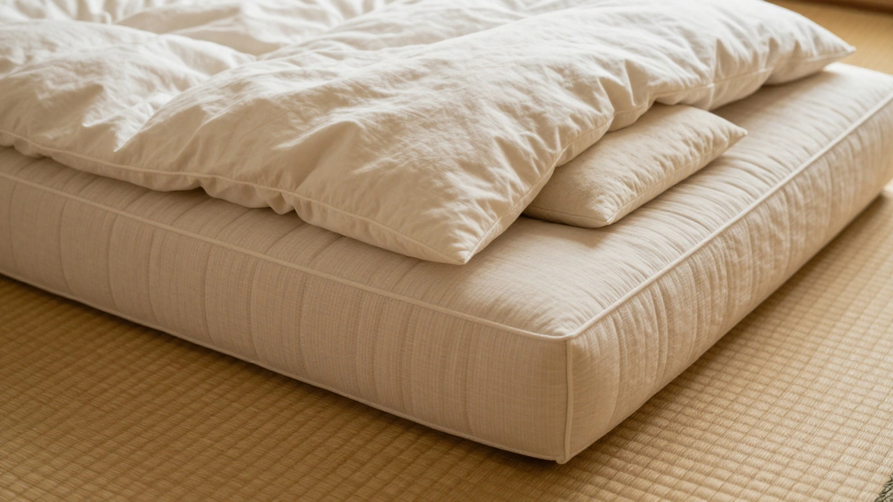 Close-up of a shikibuton mattress and kakefuton duvet on a woven tatami mat