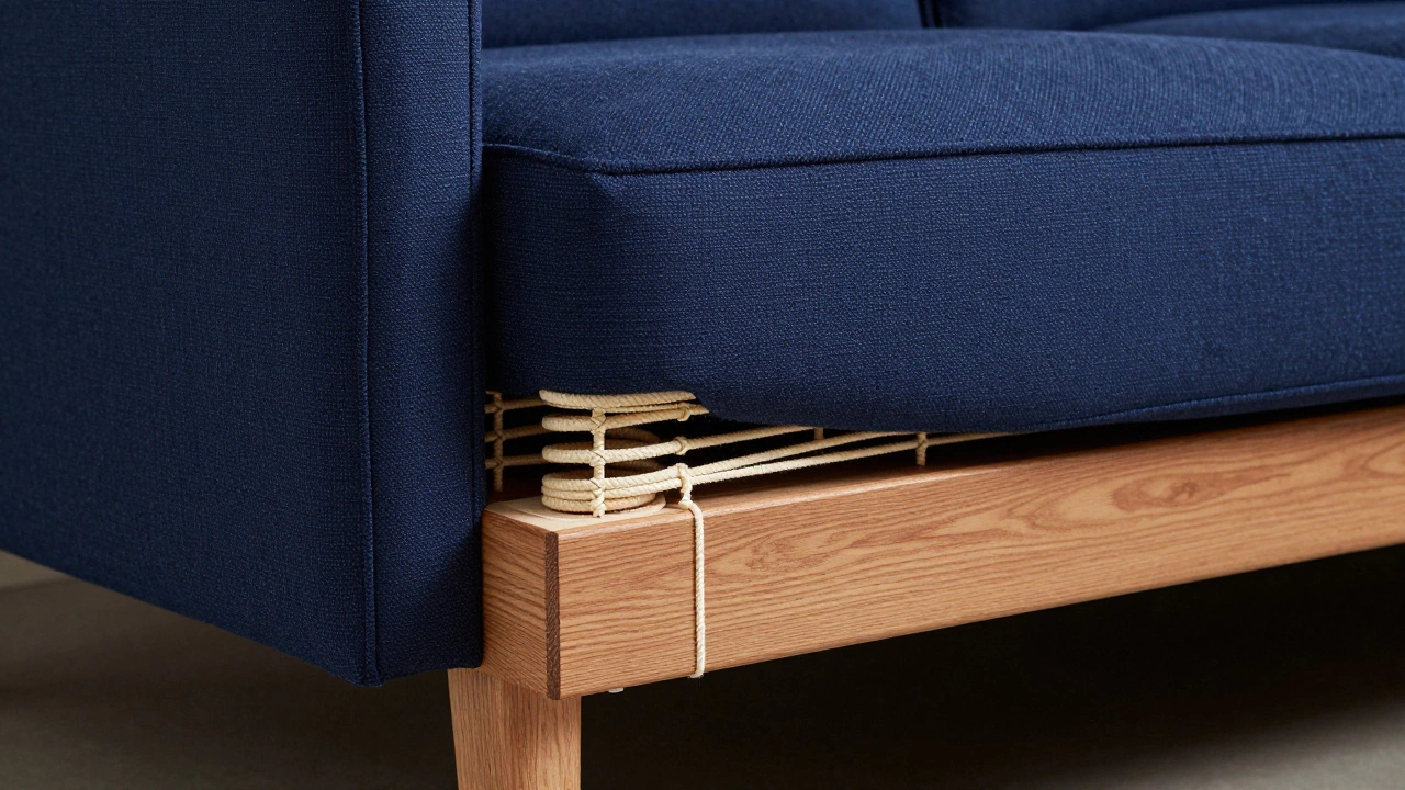 Close-up of a sofa's internal hardwood frame and hand-tied spring system.