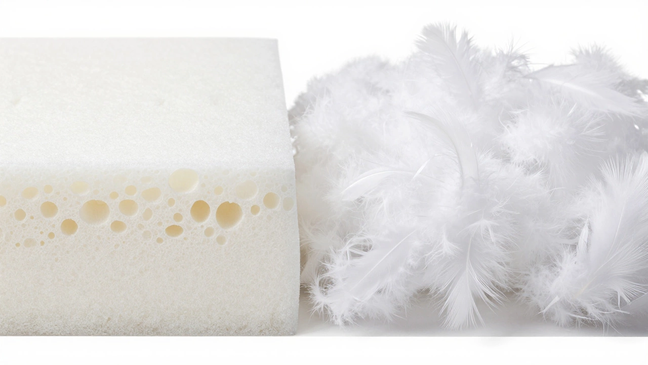 Comparison of high-density foam and down feather sofa cushion fillings.