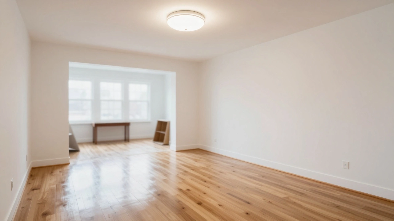 Finished room with new hardwood floors, fresh white paint, and modern lighting.
