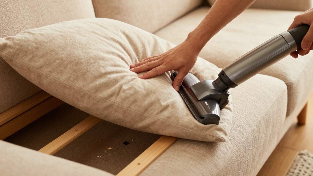 Hands rotating sofa cushions and vacuuming the frame for maintenance.