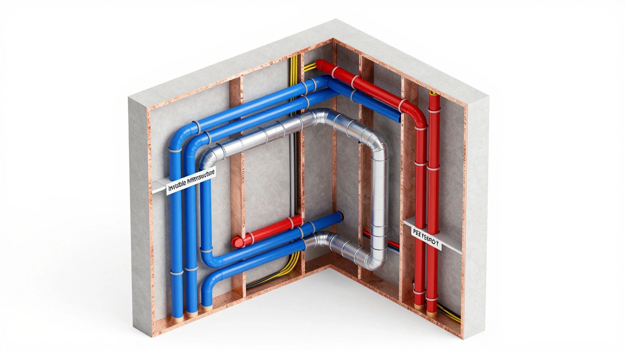 Isometric cutaway showing electrical wiring, plumbing pipes, and HVAC ducts inside a wall.