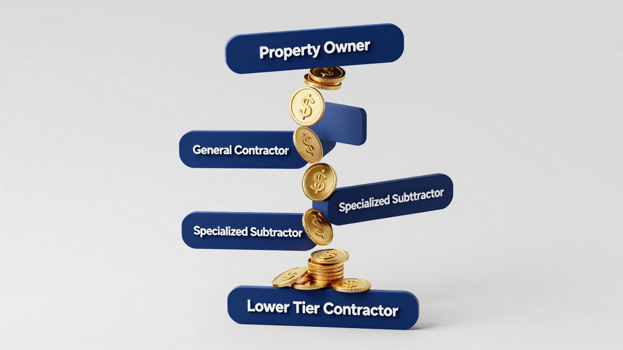 Isometric diagram showing the flow of payment from owner to lower tier contractors.
