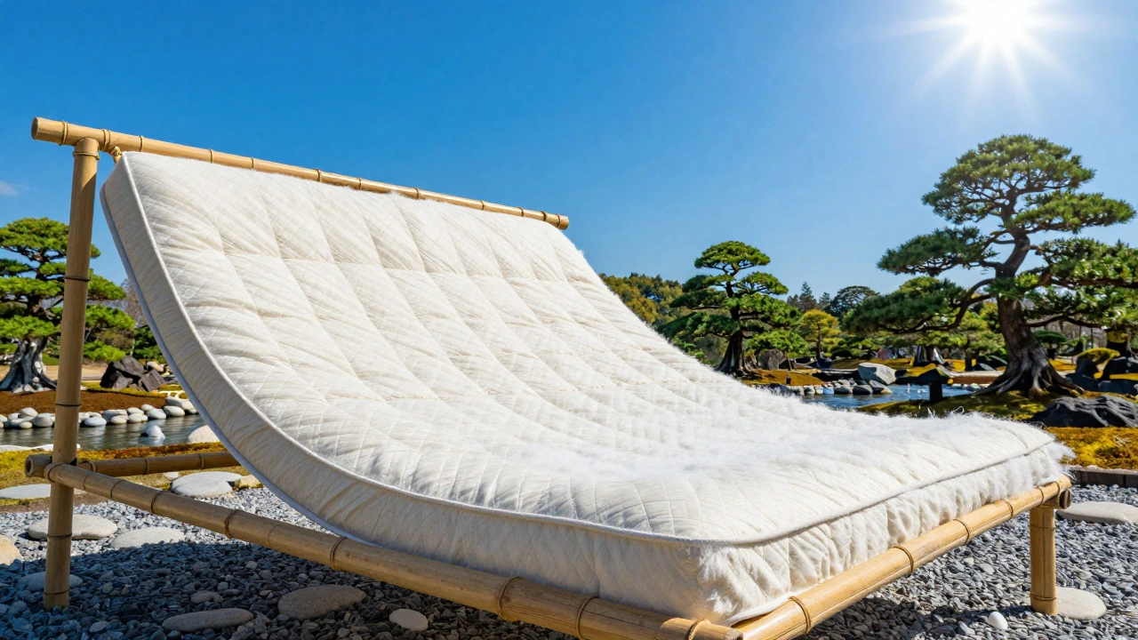 Japanese futon mattress airing and drying on a bamboo rack in a sunny garden