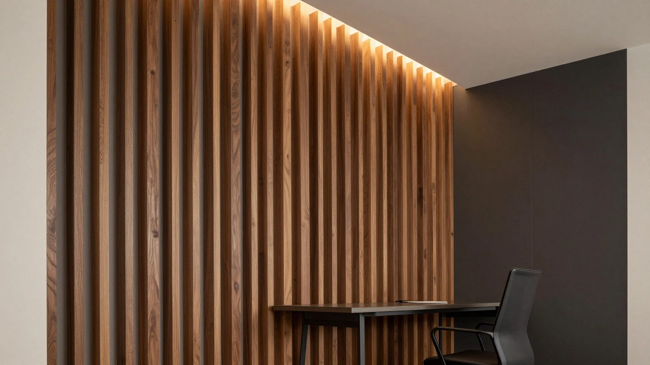 Modern home office nook featuring a vertical walnut wood slat wall with integrated LED lighting