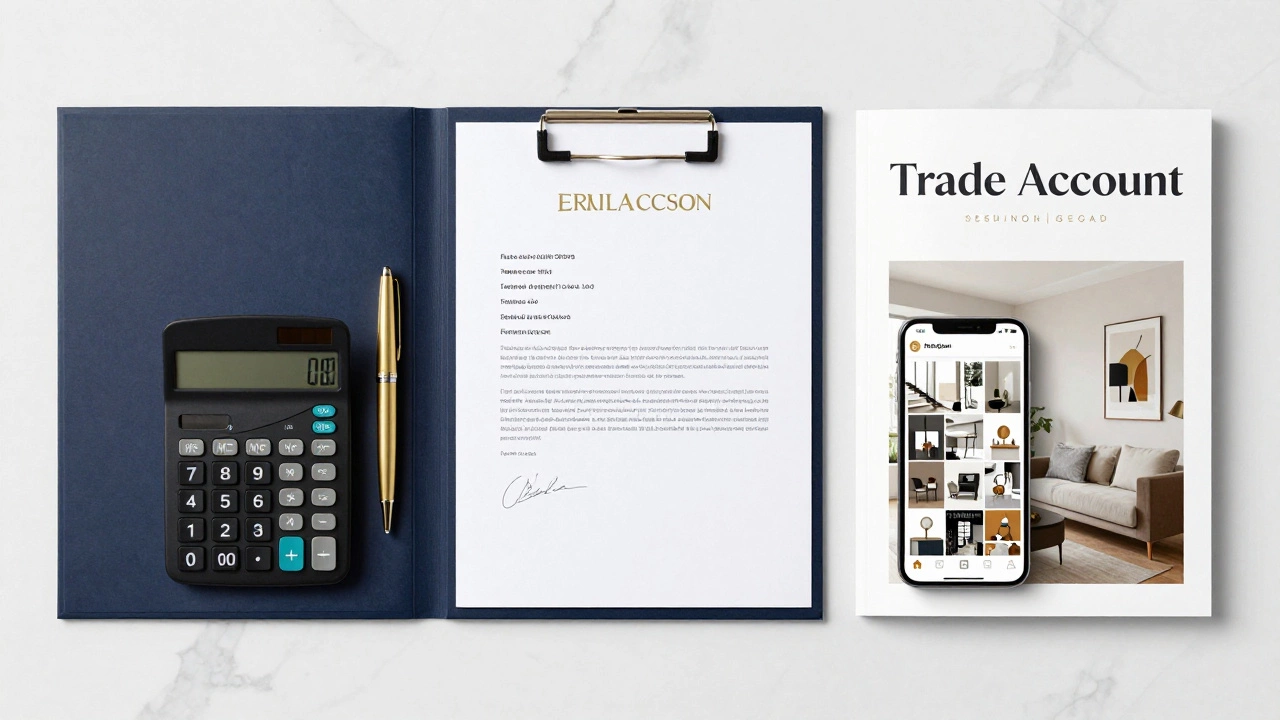 Professional design contract, luxury catalog and a phone showing a portfolio grid