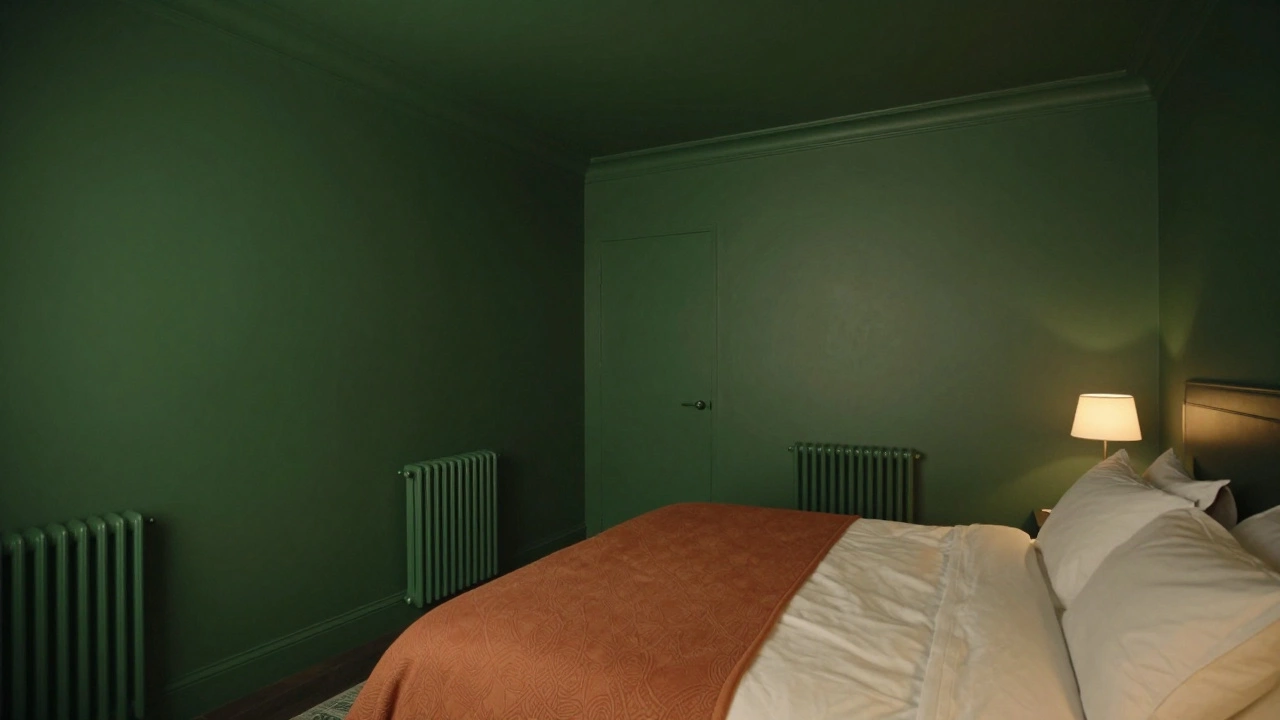 Small bedroom with color drenching in deep forest green on walls, ceiling, and trim
