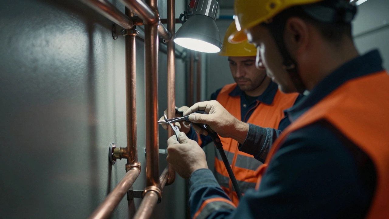 Specialized pipe-fitters installing copper piping in a dim industrial corridor.