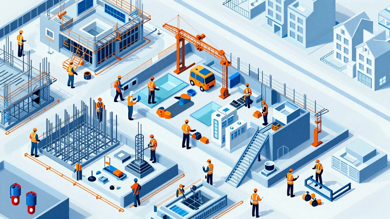 Busy commercial construction site with multiple specialized trade teams working.