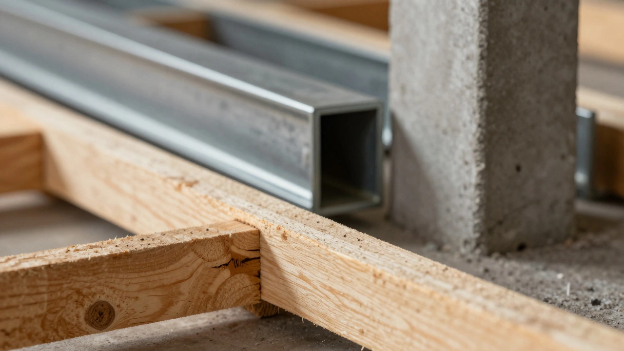 Close-up comparison of wooden residential framing versus steel commercial beams.