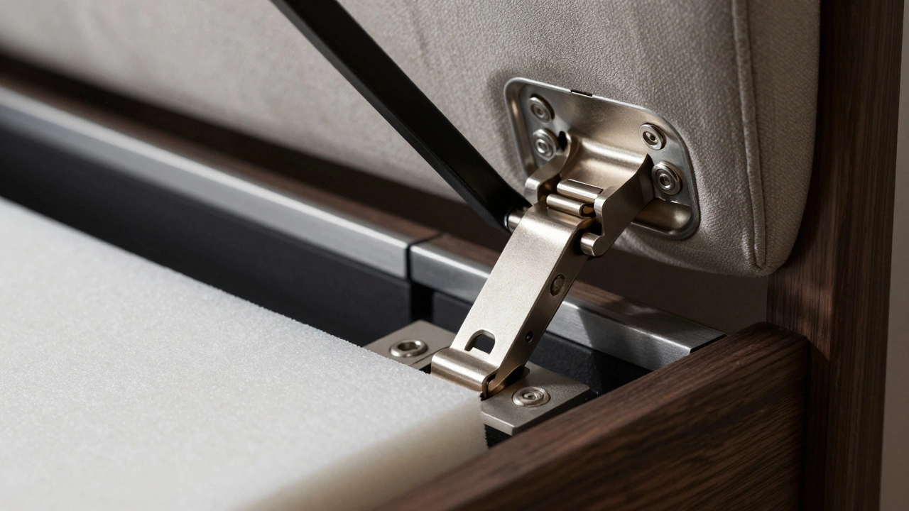 Close-up of heavy steel hinges and foam inside a sofa bed