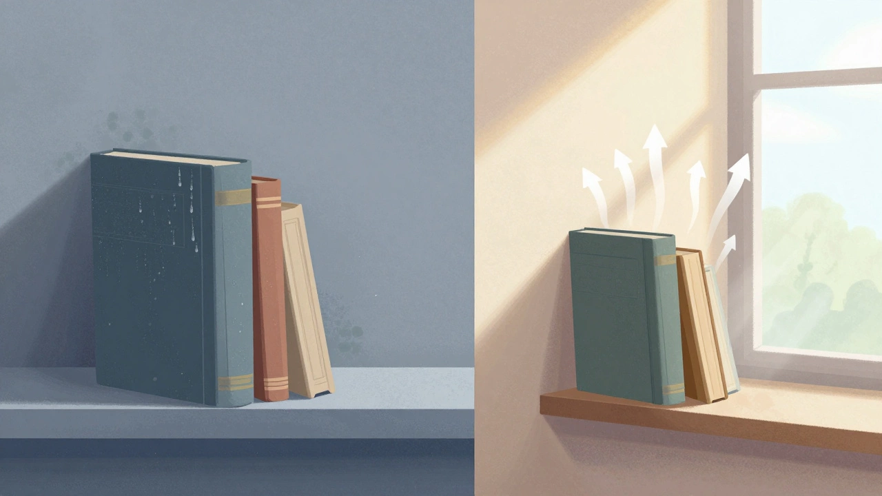 Comparison of moldy shelf against exterior wall vs protected placement.