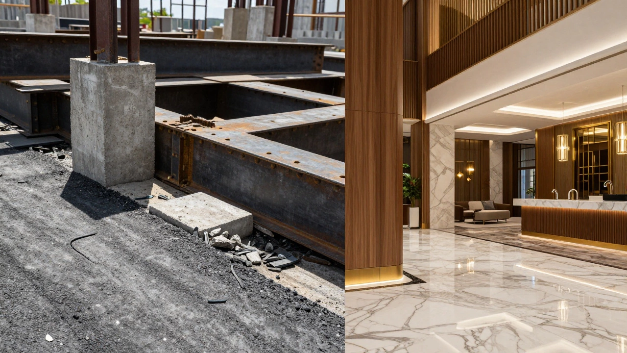 Contrast between rugged civil materials and polished commercial finishes