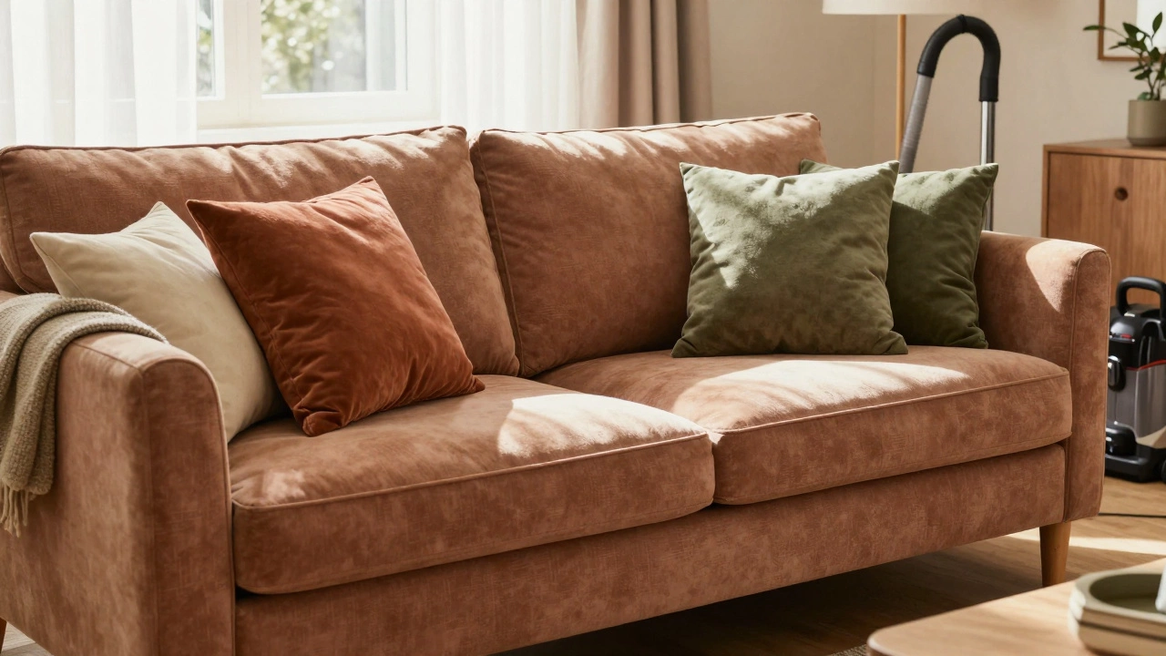 Cozy living room with a well-maintained sofa and soft sunlight