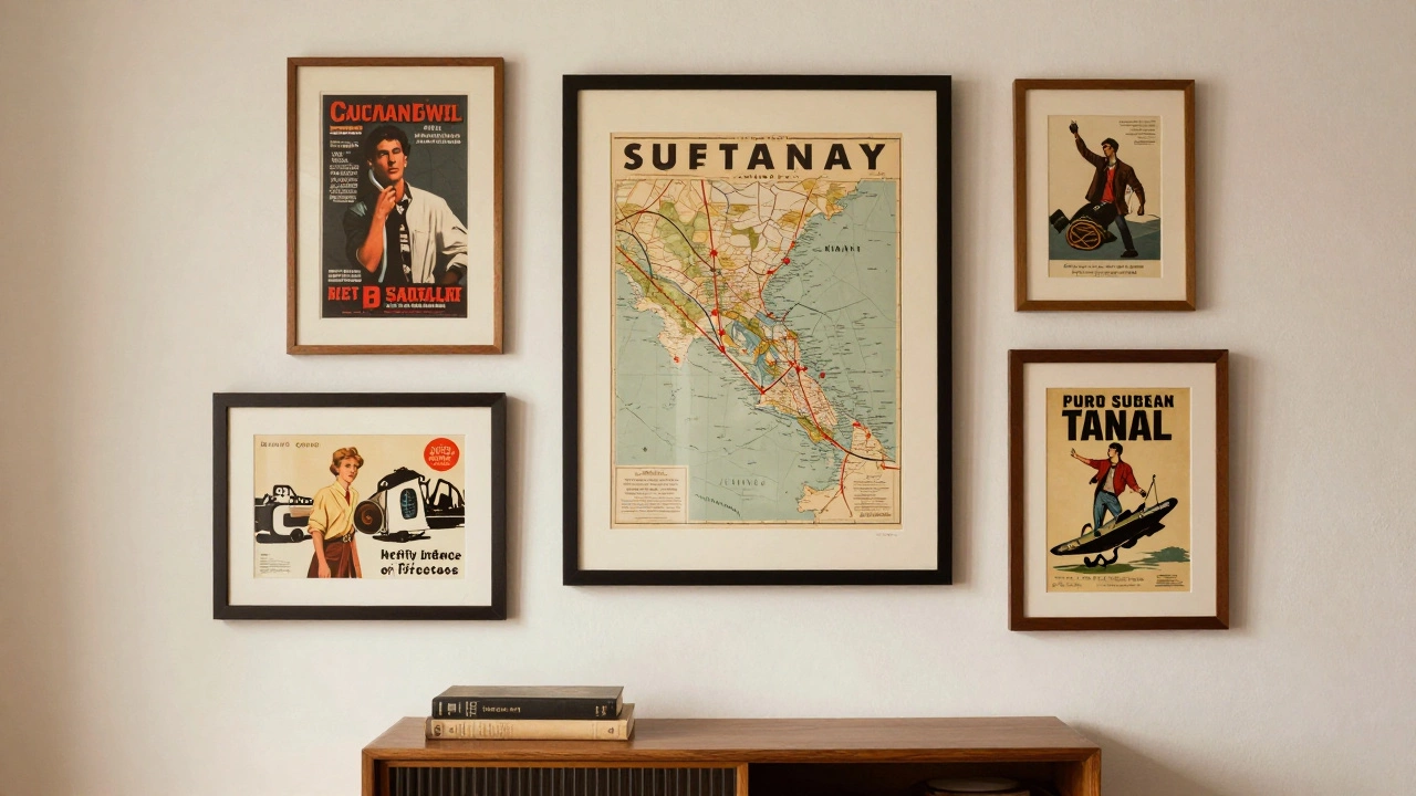 Curated gallery wall with vintage prints in matching black and wood frames