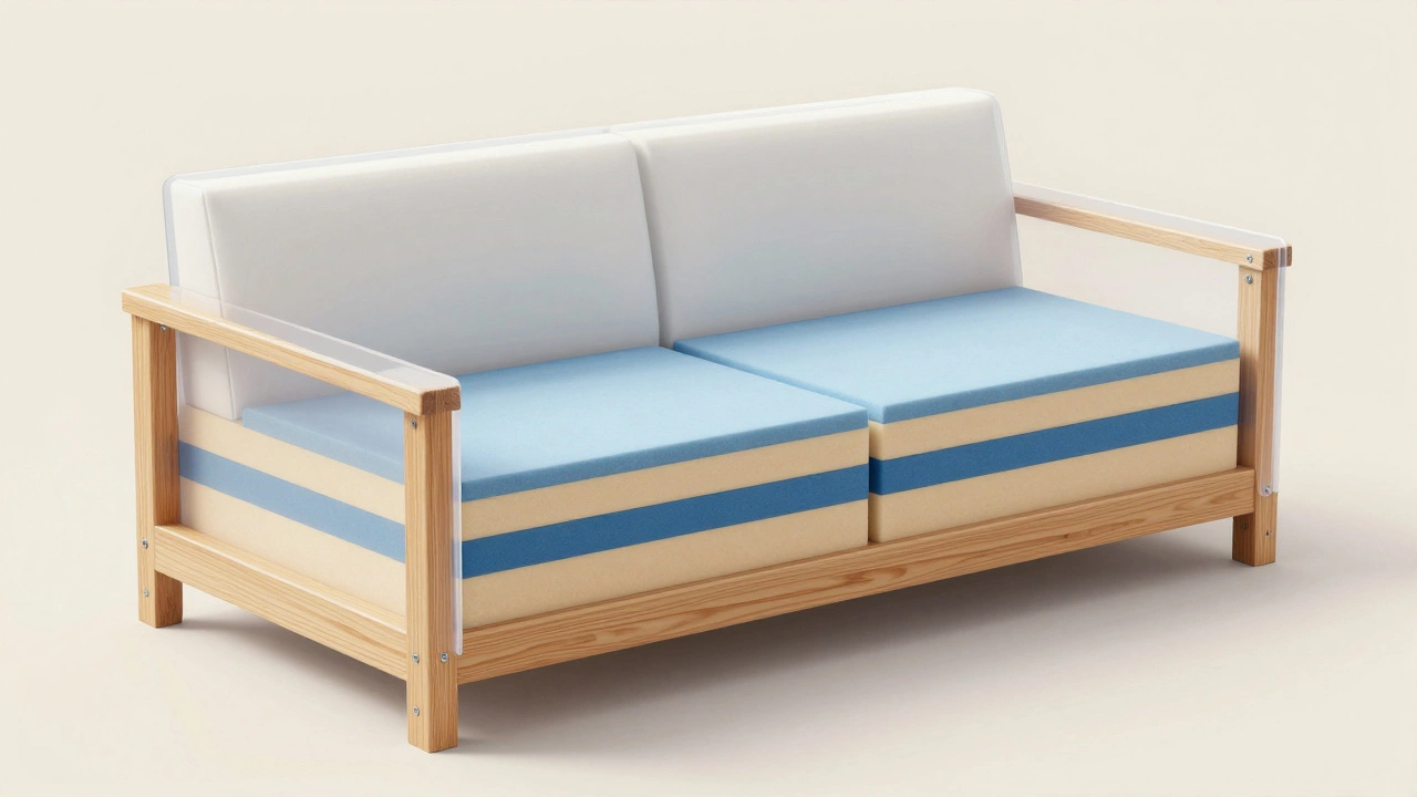 Cutaway view showing hardwood frame and dense foam inside a sofa