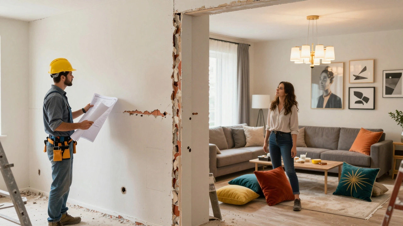 Designer planning layout while decorator styles a furnished room