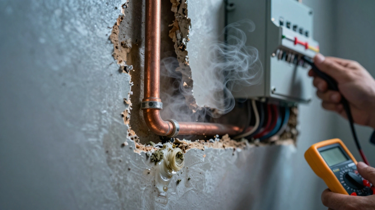 Exposed wall showing water damage, mold, and corroded pipes behind drywall.