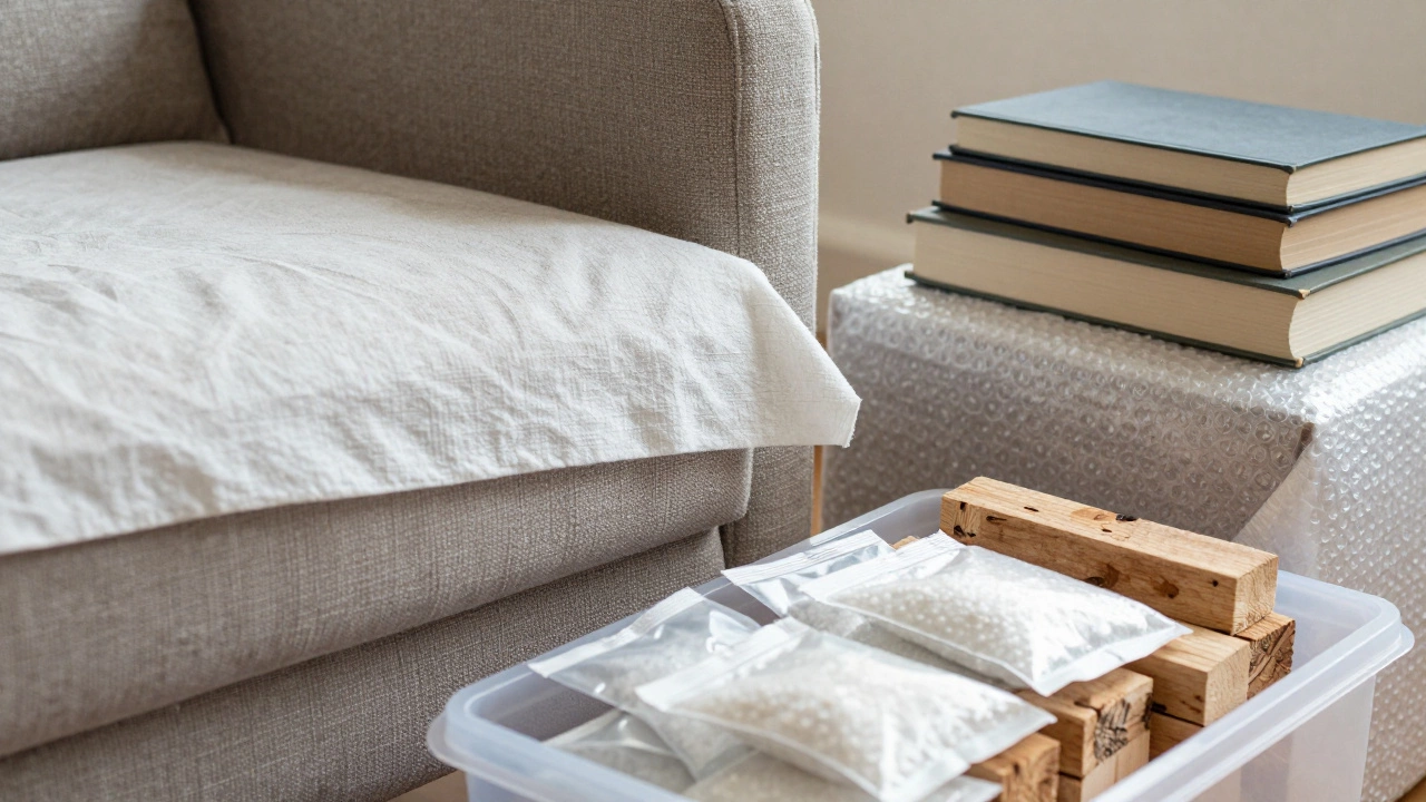 Furniture wrapped in breathable covers with cedar and silica gel