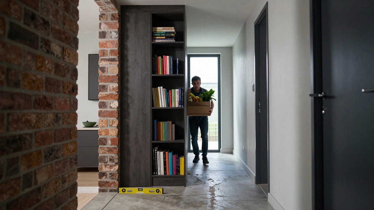 Heavy bookshelf blocking a narrow hallway, creating a safety hazard.