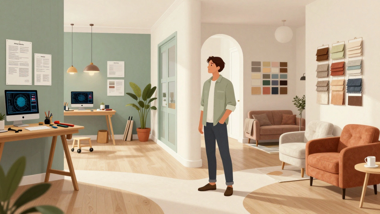 Homeowner choosing between construction plans and decor samples