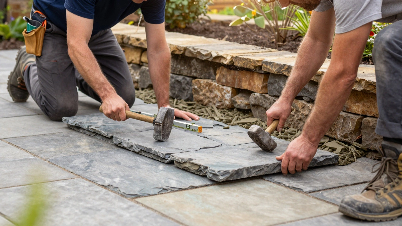 Landscapers installing stone patio and retaining wall demonstrating hardscaping skills
