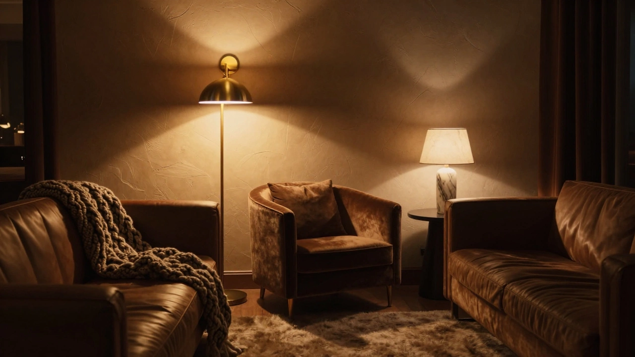Living room illuminated by warm layered lamps creating deep shadows and cozy ambiance