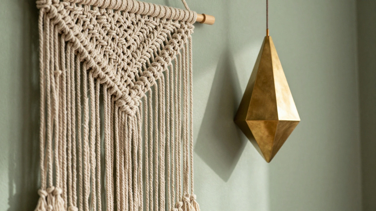Macrame wall hanging and brass metal sculpture on a textured wall