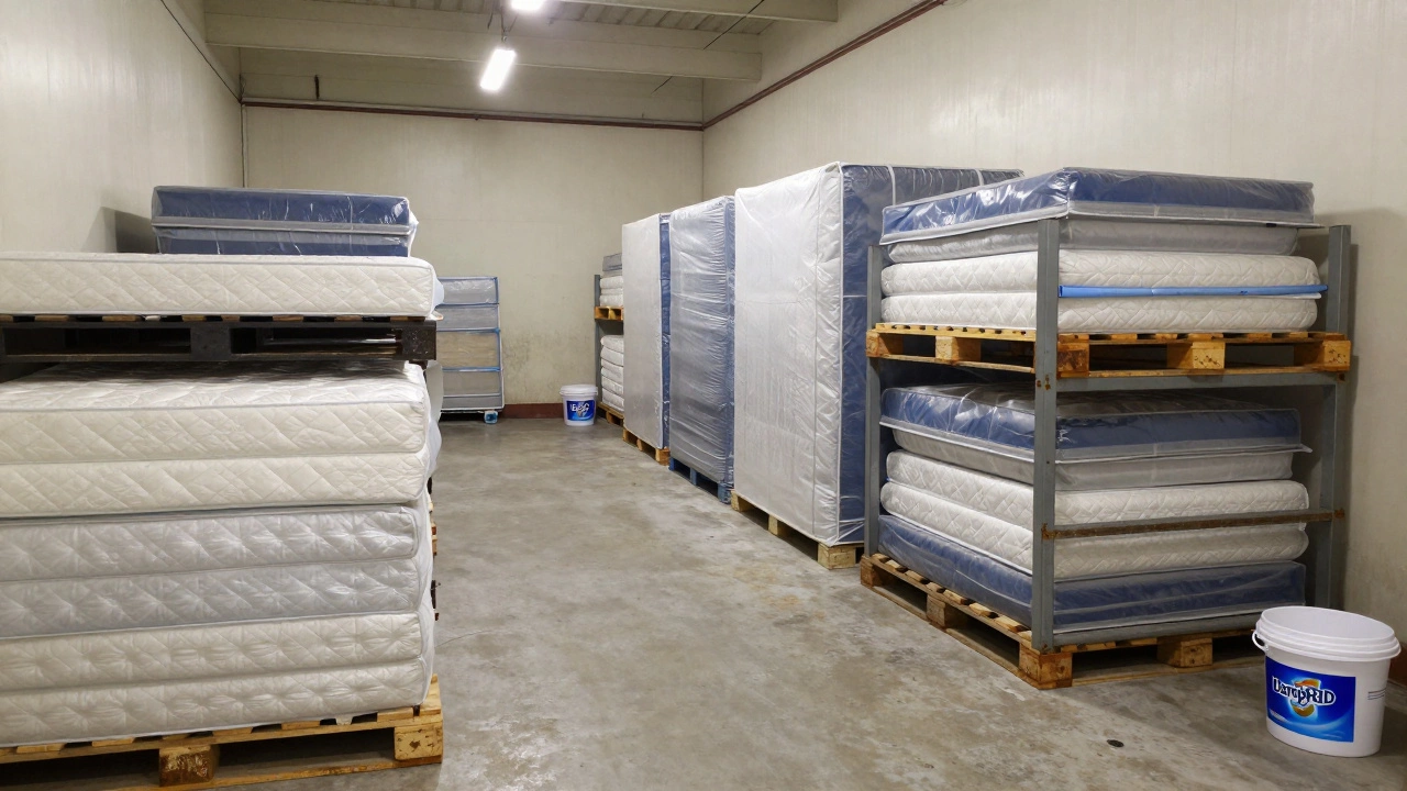 Organized storage unit with elevated furniture and desiccants
