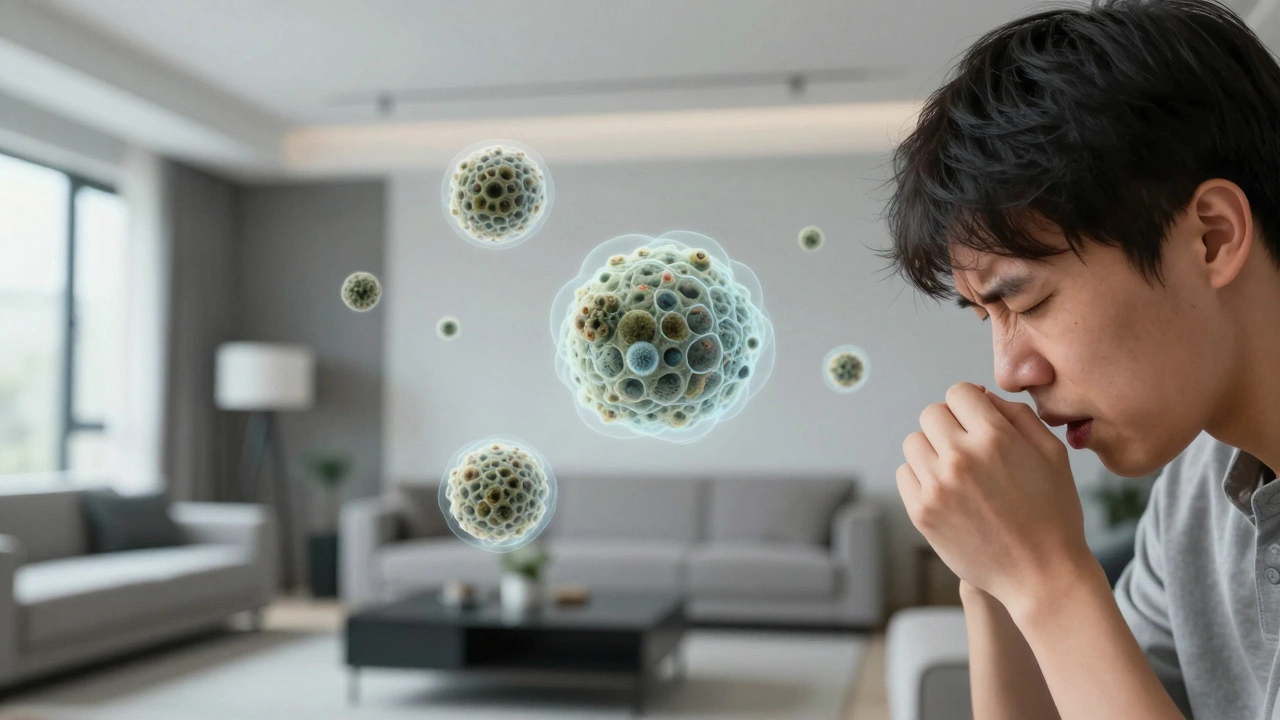 Person experiencing respiratory symptoms from invisible mold spores in a modern home