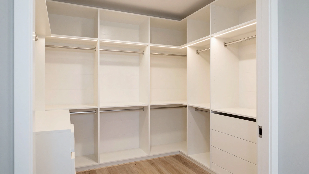 Spacious walk-in closet with shelves and hanging rods.