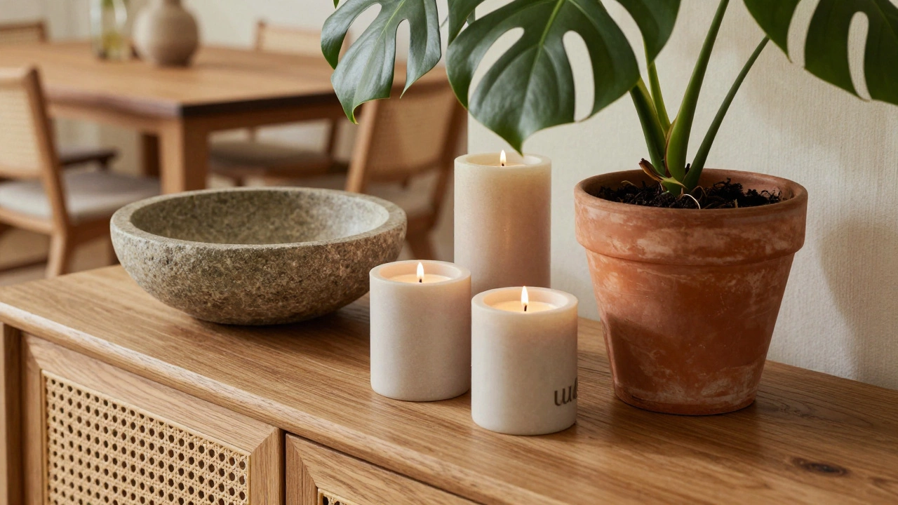 Styled console table with three candles, stone bowl, and lush green plant