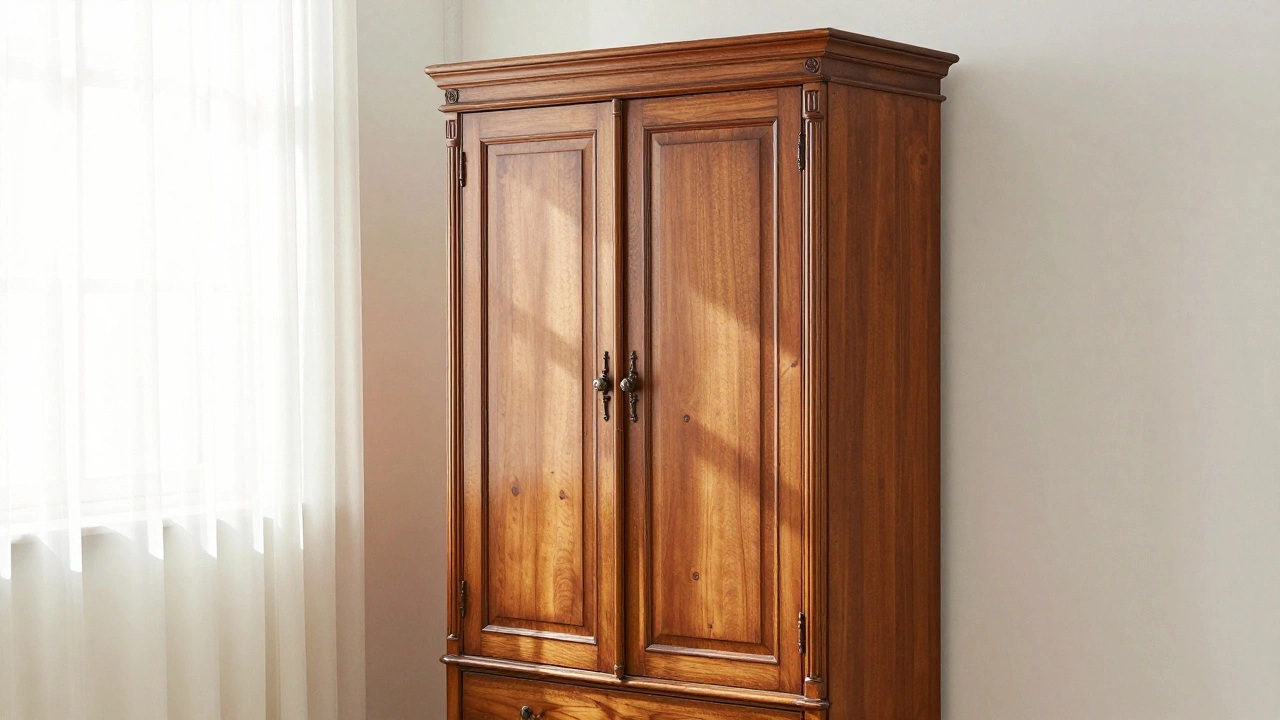 Vintage wooden armoire standing in a bright bedroom corner.