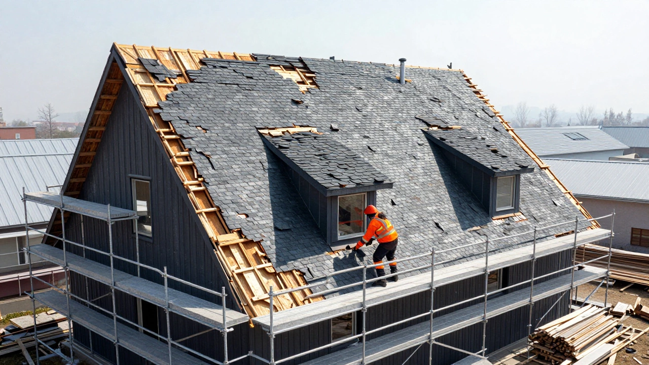 Workers stripping old shingles from a steep roof for complete replacement.