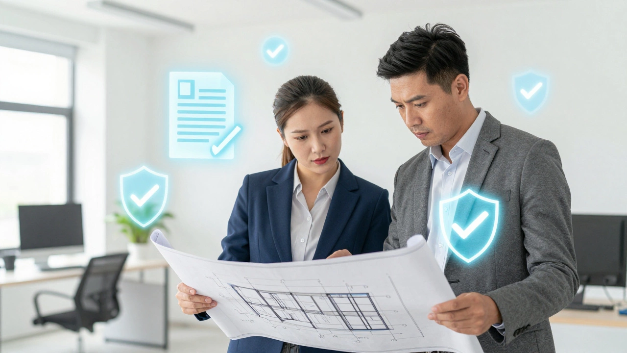 Architects reviewing blueprints with conceptual insurance icons