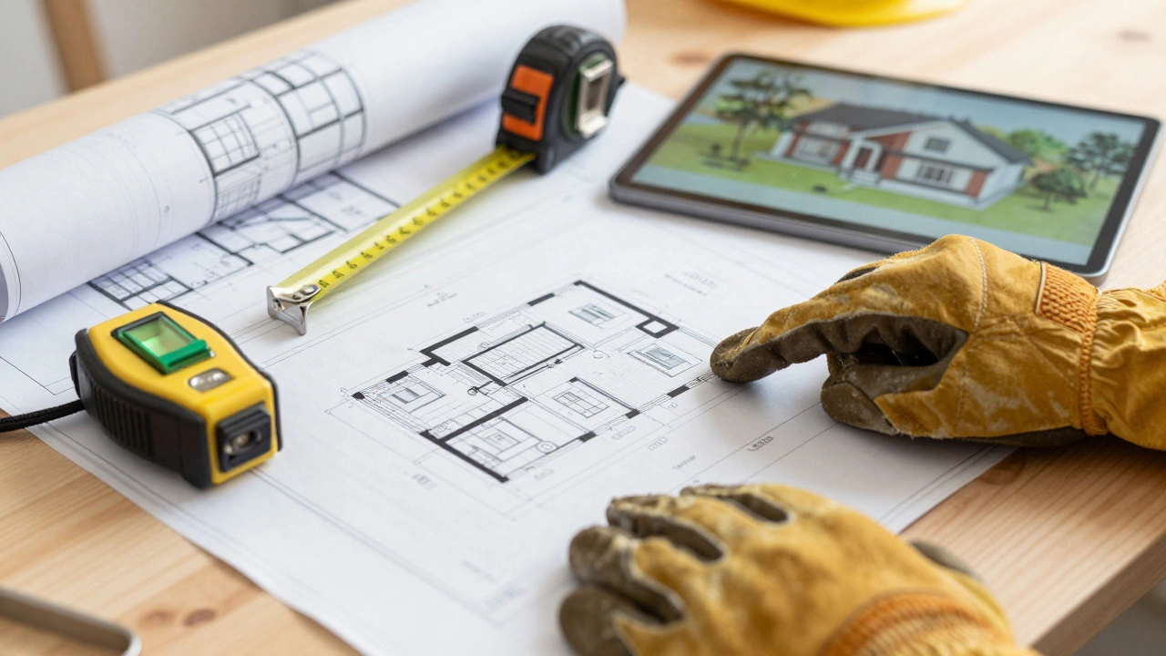 Blueprints and construction tools on a workbench