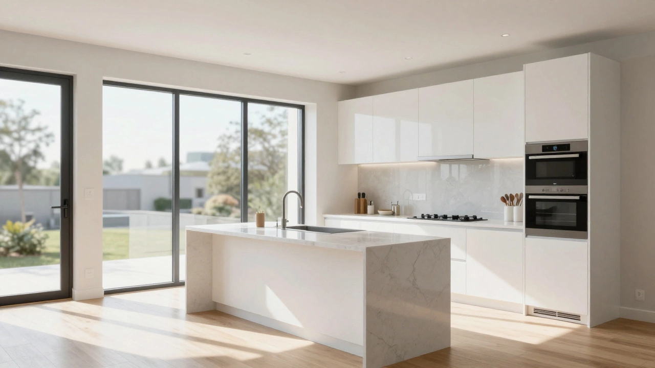 Bright, empty open-plan kitchen in a brand new energy efficient home