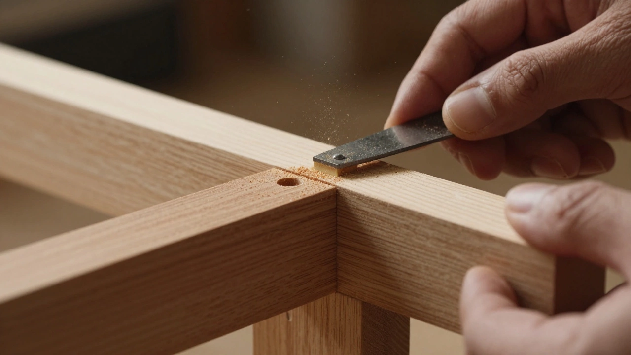 Carpenter fitting a precise mortise-and-tenon wooden joint