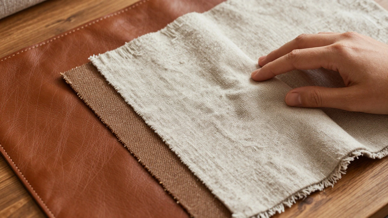 Close-up comparison of leather, microfiber, and linen fabric textures