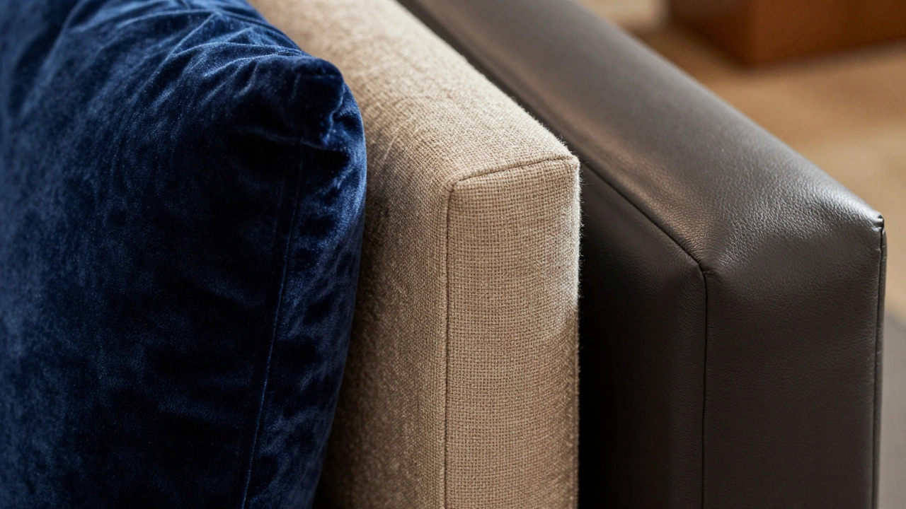 Close-up of durable sofa fabrics including velvet, linen, and leather