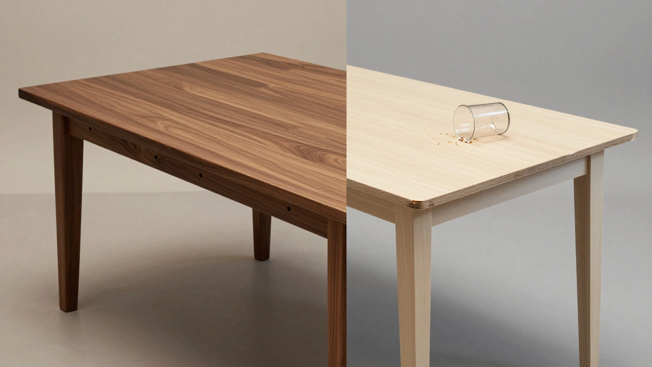 Comparison of sturdy solid wood vs fragile particleboard table