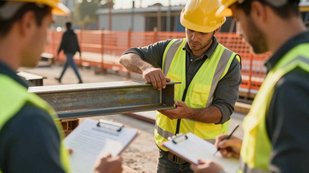Construction workers handling materials safely on a job site