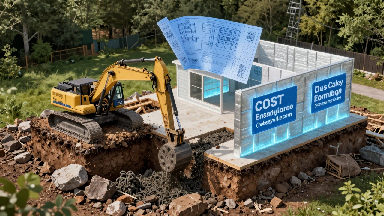 Cross-section view showing rocky soil and foundation work for a home