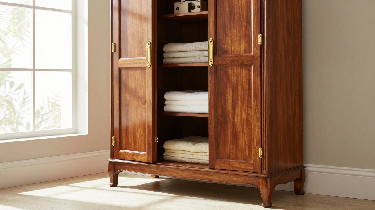 Elegant mahogany armoire open to reveal organized interior